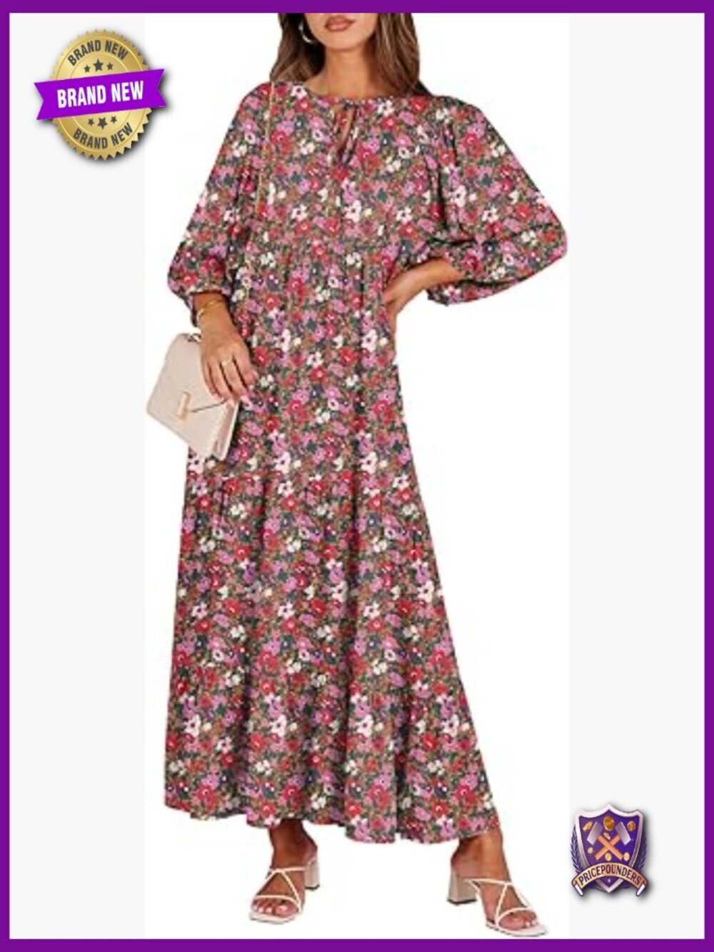 Boho V Neck Puff Sleeve Maxi Dress Flowy Tiered Ruffle